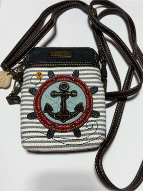 Chala Nautical Anchor Crossbody Bag – Navy Stripe with Red & Light Blue Accents